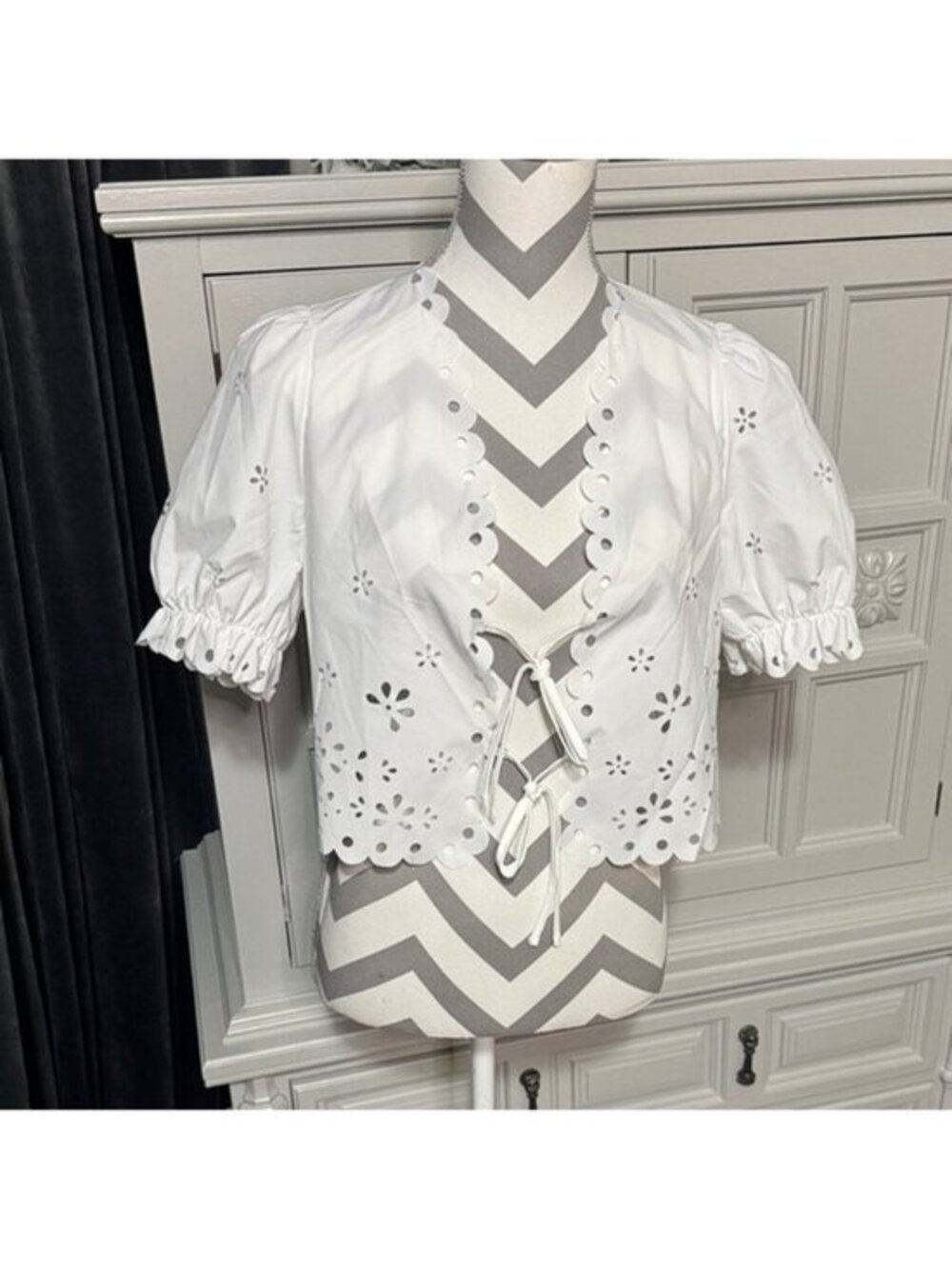 NWT SHEIN White Eyelet Tie Front Women's Top Size Small